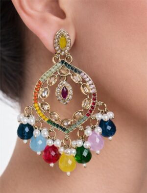 11a a colorful and golden earring on a model