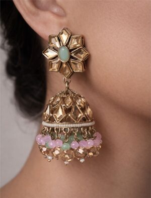 3a dome shape earring in golden, pink and green color