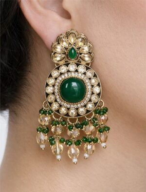 Traditional stone jhumkis earrings foe women in golden and green
